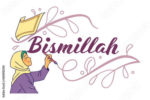 Young muslim woman wearing a hijab gracefully inscribes bismillah with elegant arabic calligraphy and floral embellishments