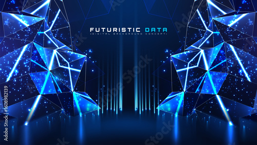 Futuristic background with blue polygon glowing elements. Digital network technology and data flow design. Vector illustration.