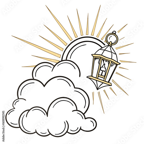 Golden lantern hanging from cloud with sunburst rays light