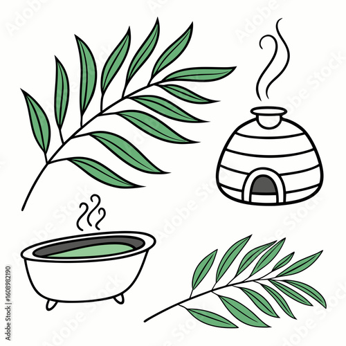Green leaves spa bath and aroma diffuser icons vector