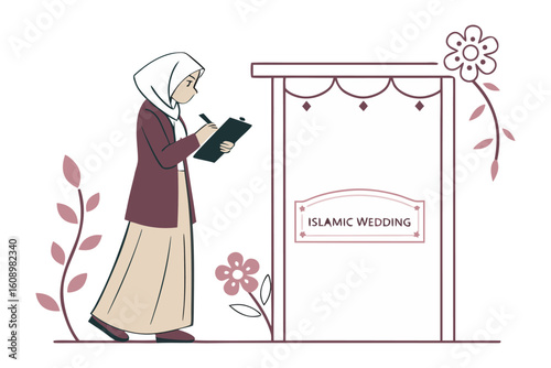A muslim woman wearing a hijab diligently writes notes on a clipboard while standing next to a decorative booth adorned with flowers and a sign