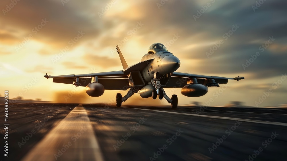 Fototapeta premium Combat-ready aircraft taking off from aircraft carrier, motion blur, intense lighting