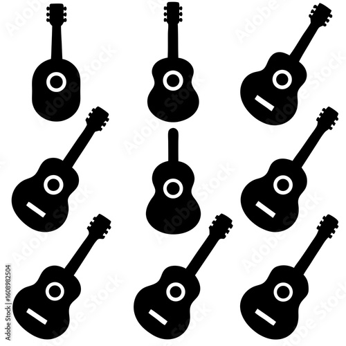A pattern of black guitar silhouettes on a white background