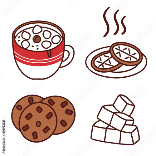 Hot cocoa mug cookies marshmallows and sugar cubes vector