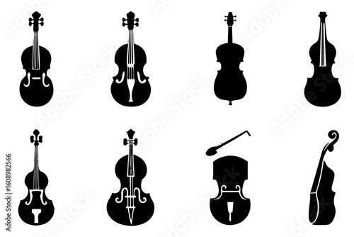 Collection of black silhouettes of stringed musical instruments