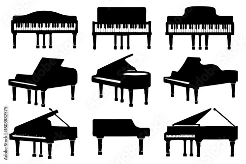 Collection of black silhouette grand pianos in various styles