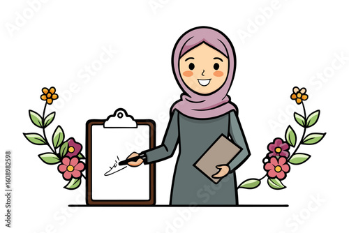 Friendly muslim woman wearing a hijab professionally signs a document on a clipboard surrounded by decorative floral elements