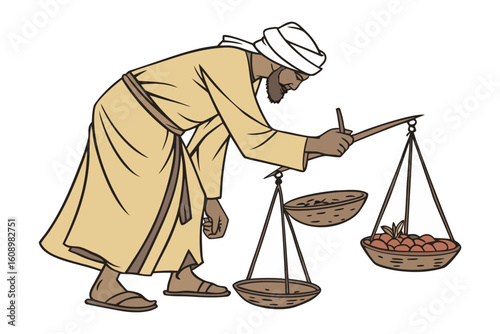 Ancient merchant carefully weighs goods on a traditional balance scale while recording transactions in a ledger