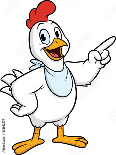 Cartoon Chicken Mascot Pointing Front View, Happy Poultry Character Illustration, Farm Bird Design, Fun Advertising Animal, Vector Marketing Artwork Template