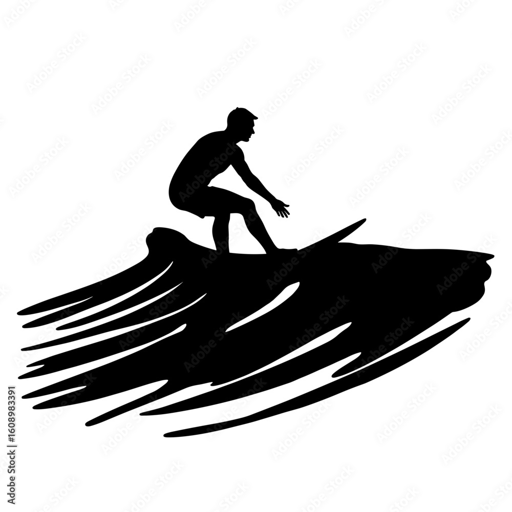 Fototapeta premium Silhouette of surfer riding wave, water sports action, ocean adventure