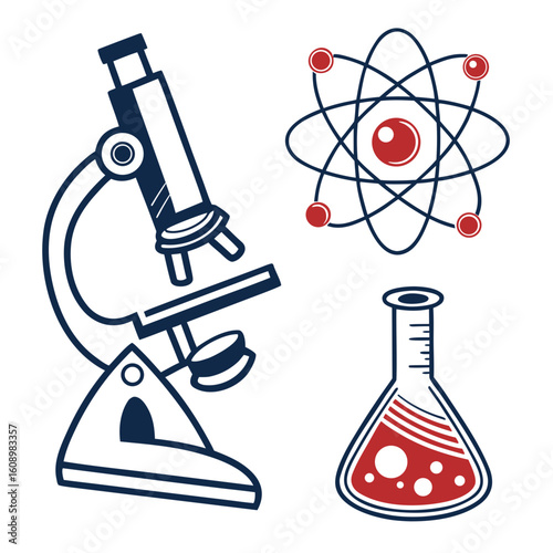 Microscope atom and flask science icons laboratory
