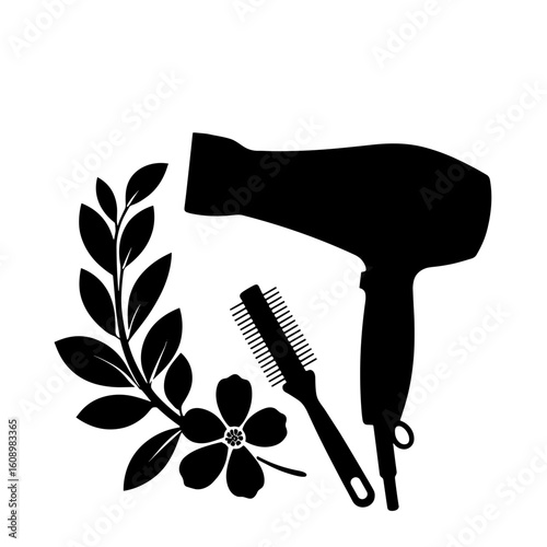 Silhouette of hairdryer and comb with bridal floral accessory – Wedding beauty styling tools