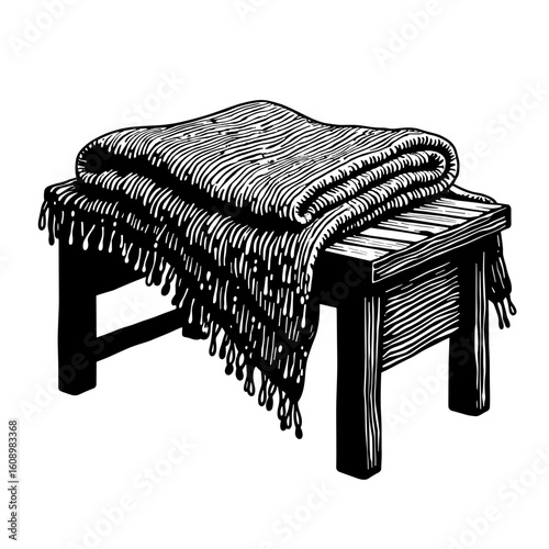 Silhouette of folded blanket on rustic bench – Cozy home decor element