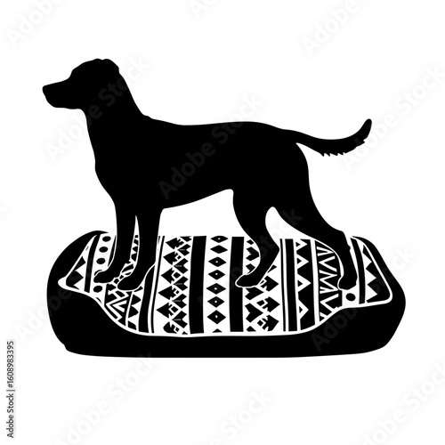 Dog silhouette on tribal-patterned bed cushion – Pet comfort, home decor
