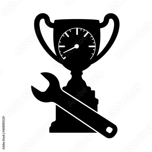Trophy with speedometer and wrench silhouette – Performance achievement symbol