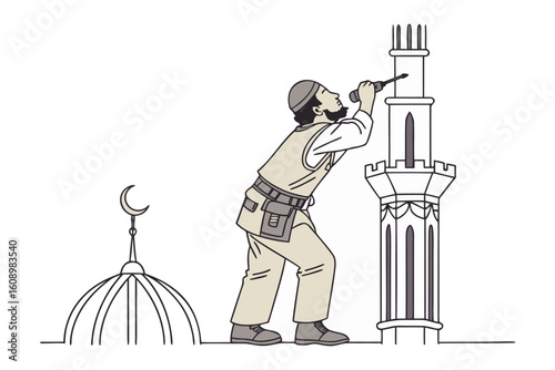Skilled craftsman meticulously working on a tall minaret of a mosque with a crescent moon symbol adorning a nearby dome