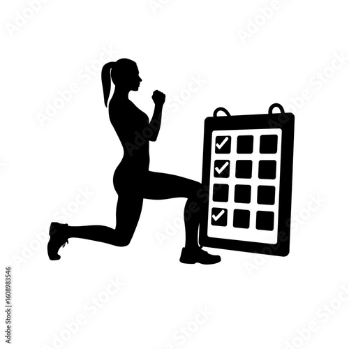 Silhouette of woman doing lunges beside checklist – Fitness tracking routine
