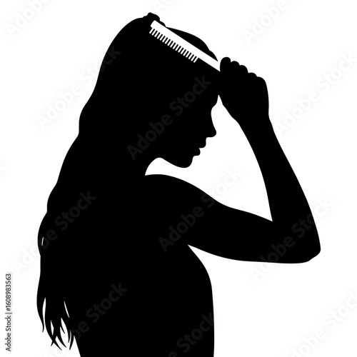 Silhouette of woman combing hair with wooden brush – Natural hair care ritual, wellness