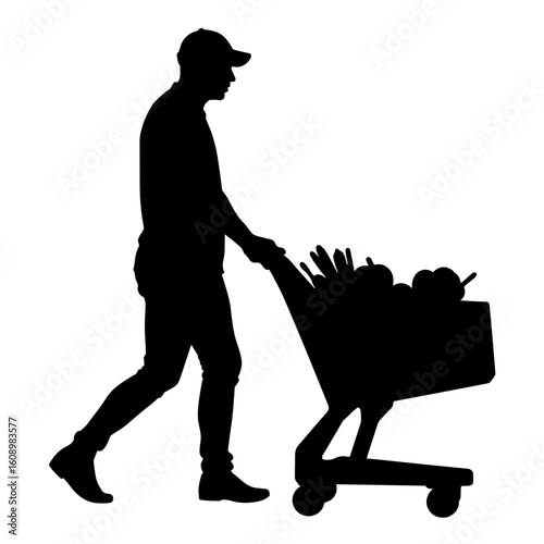 Silhouette of person pushing shopping cart filled with fresh produce, grocery prep