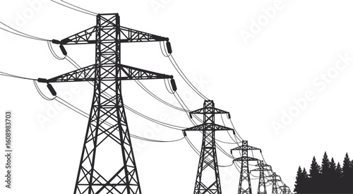 High voltage power lines vector, electricity transmission towers silhouette, CAD illustration of pylons with cables, energy grid landscape drawing