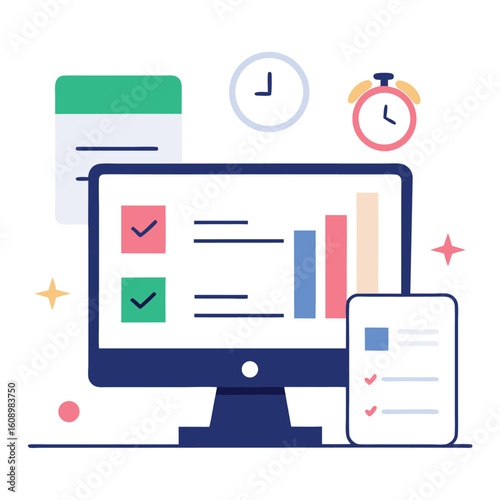Time tracking and productivity app on desktop isolated on white background