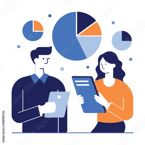 Two analysts reviewing pie chart and sales report isolated on white background