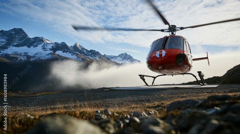 Obraz premium medical helicopter softly landing on mountain helipad, snow-capped peaks in view