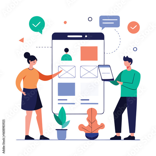 Ux design team working on mobile app interface isolated on white background