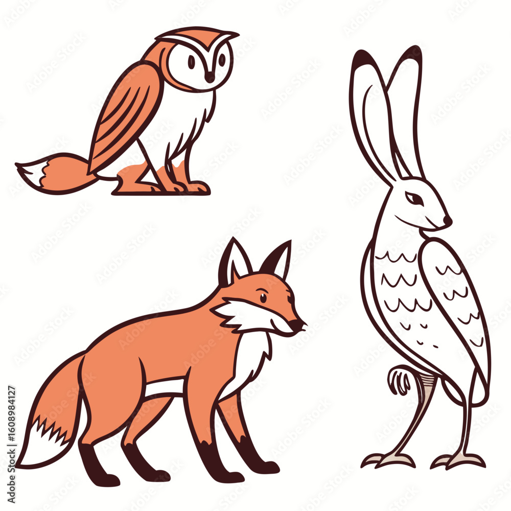 Obraz premium Orange fox owl and rabbit winter animals vector