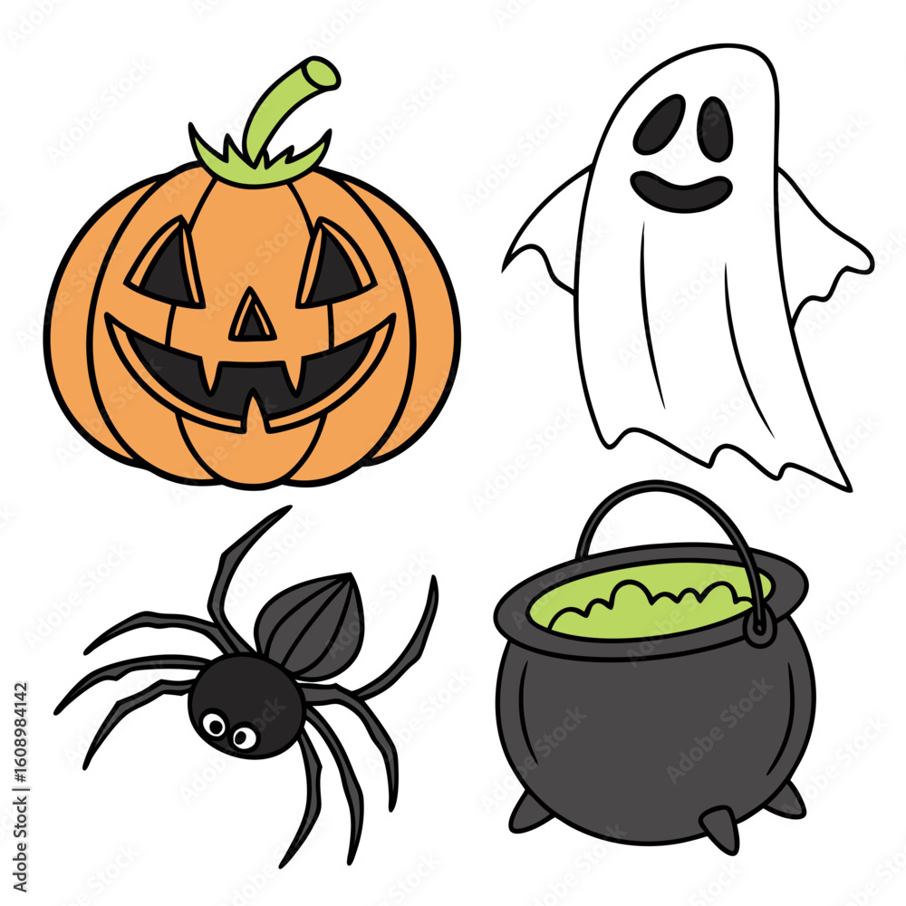 Fototapeta premium Orange pumpkin ghost spider cauldron Halloween icons jack o lantern