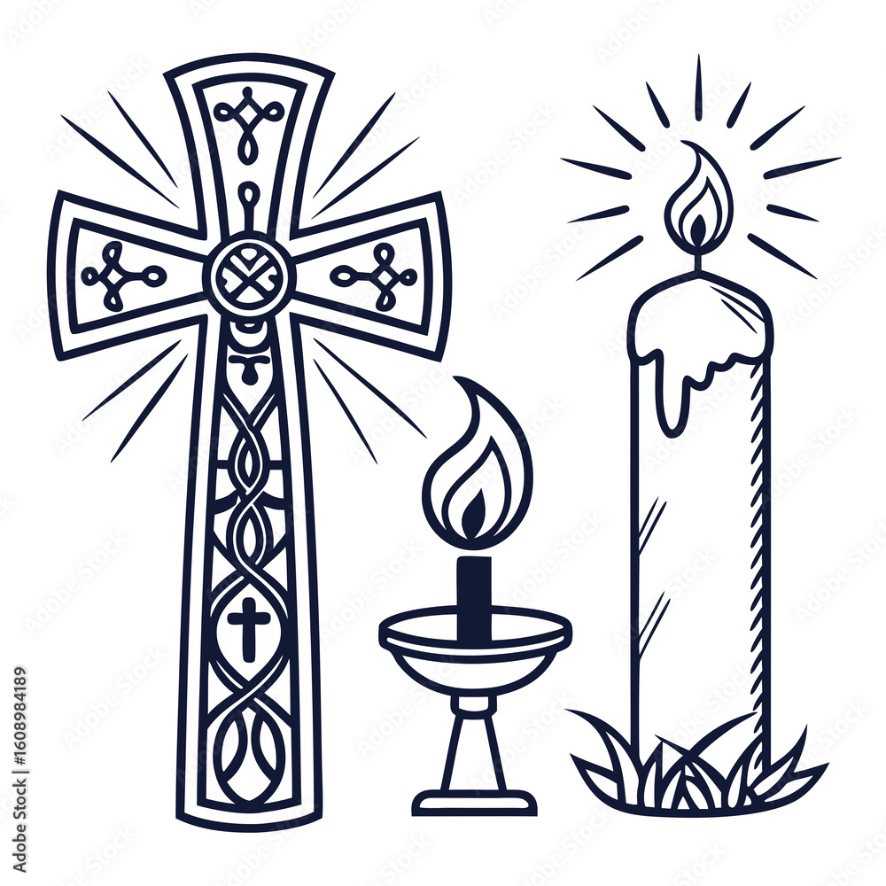 Fototapeta premium Ornate cross and burning candles with radiating light flame religious