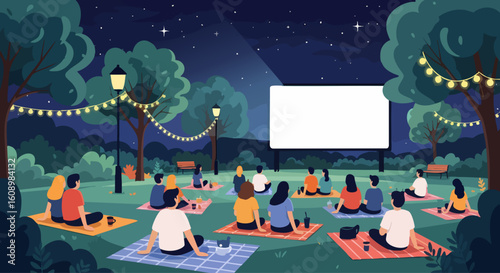 Outdoor movie night in park with people watching film on big screen