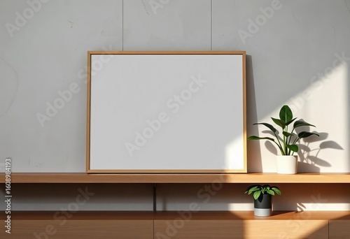 Blank canvas in frame mockup on wooden shelf with plants and shadows against textured wall, frame mockup, marketing