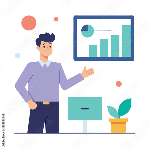 Startup pitch presentation scene with business icons isolated on white background