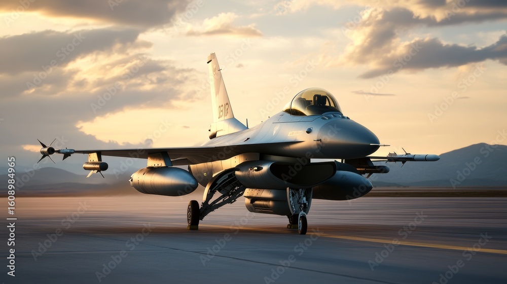 Fototapeta premium Side profile of advanced combat jet on runway with weapon loadout visible