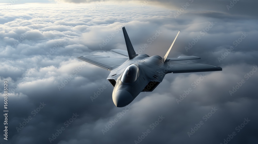 Fototapeta premium Stealth fighter aircraft flying through clouds with radar-evading surface, cinematic lighting
