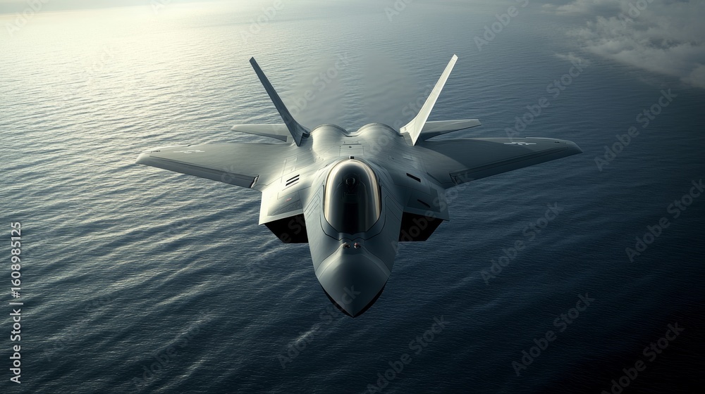 Naklejka premium Stealth fighter jet flying low over ocean, radar-absorbing surface, futuristic weaponry