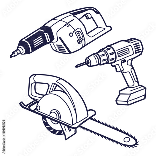 Power tools drill circular saw chainsaw outline construction