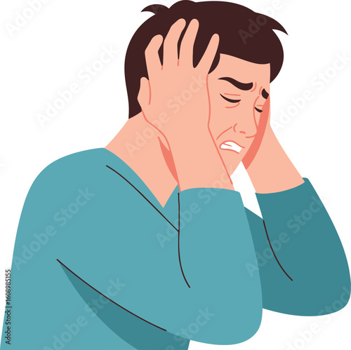 A stressed young man holds his head, eyes closed, expressing intense emotional distress.