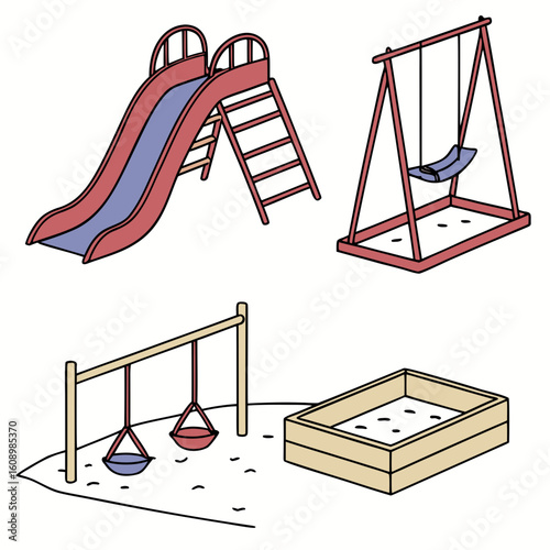 Red blue slide yellow swing sandbox playground equipment recreation