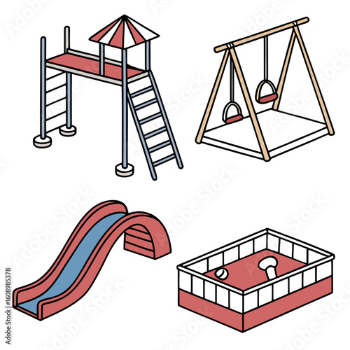 Red blue playground equipment slide swing sandbox tower vector