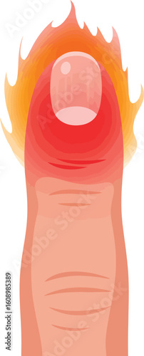 Illustration of a finger with inflamed area, showing heat and pain.