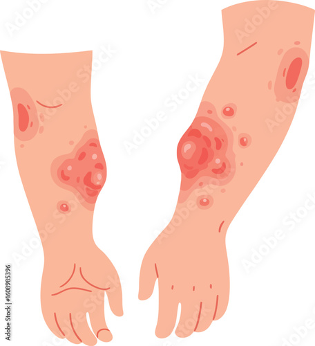 Illustration depicting two arms affected by a skin rash, showing redness, bumps, and inflammation.