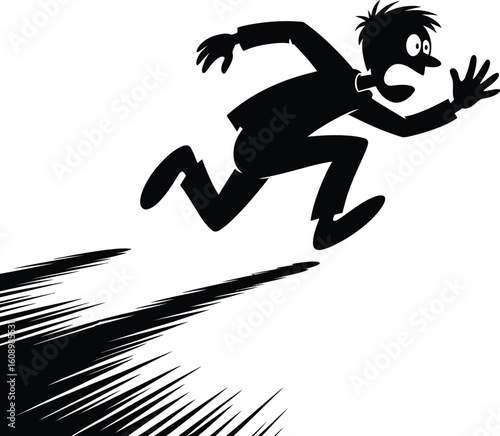 Scared man running fast black white