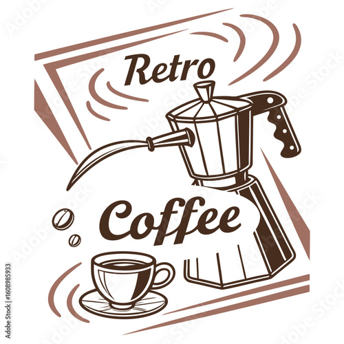 Retro coffee cup and moka pot illustration saucer