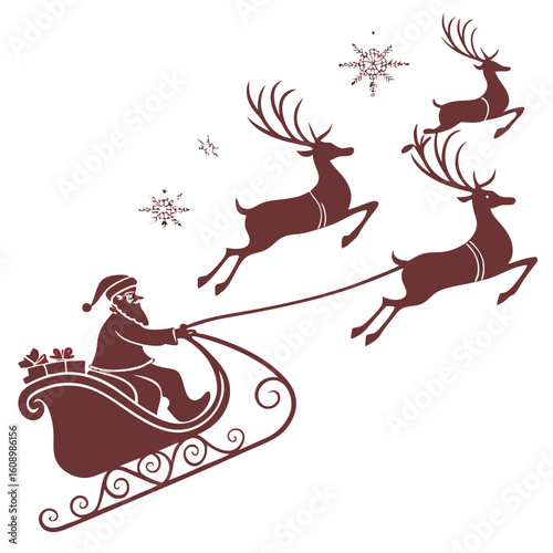 Santa Claus sleigh pulled by reindeer flying through snowflakes christmas
