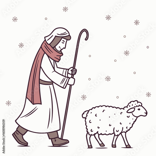 Shepherd guiding sheep with staff and scarf walking
