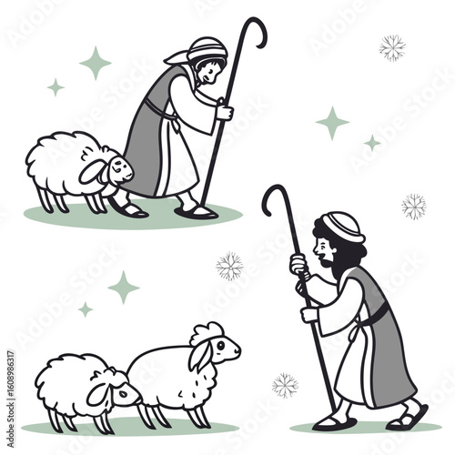 Shepherds with sheep and starry sky stars christmas