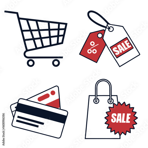 Shopping cart credit cards sale tags and shopping bag discount