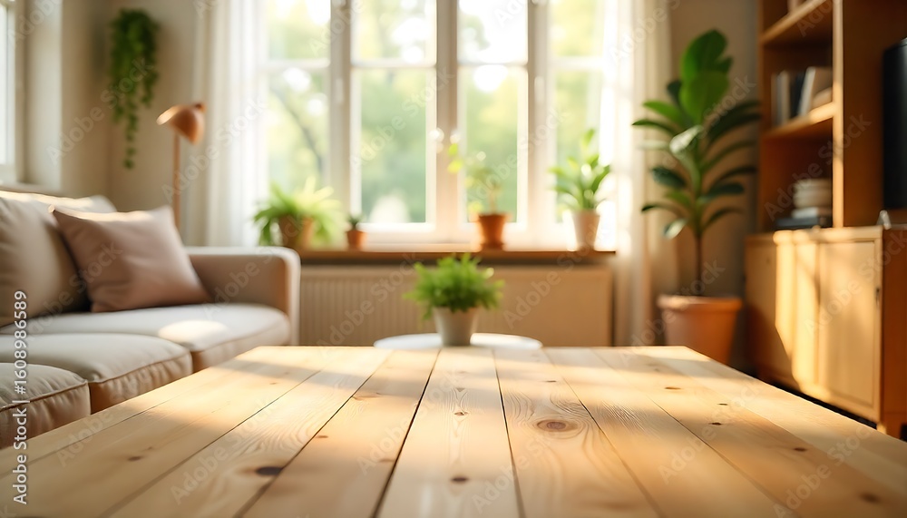 Fototapeta premium a cozy living room with a wooden table in the foreground, Interior of a Canadian Living Room, Living room in summer home, created with generative ai